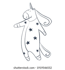 
Vector illustration of a unicorn in pajamas with stars with a monochrome outline on an isolated background.