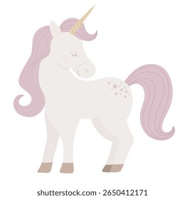 Vector illustration of a Unicorn with pastel pink mane and golden horn, standing with closed eyes. Art of fairytale Horse for childish fantasy design or girls nursery posters. Drawing for Baby shower.