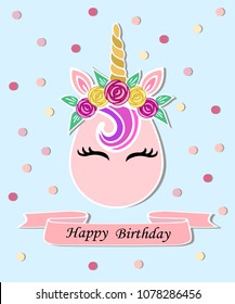 Vector illustration with Unicorn, pink ribbon. Unicorn as baby shop logo, patch, stick cake topper, t-shirt design, sticker.Template for Unicorn party invitation, Happy Birthday, greeting card.