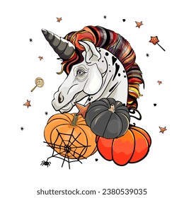 Vector illustration of a unicorn with pumpkins. Fashionable print, Blank for designer, print, logo, label, print on print