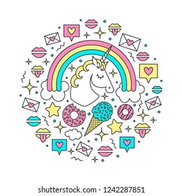 Vector illustration with unicorn, rainbow, clouds, stars, ice cream, donuts, message, lips. Cartoon style cute character