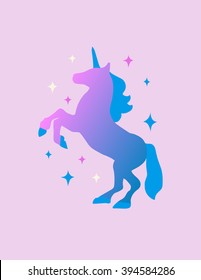 Vector illustration with unicorn rearing up silhouette. Cartoon magic illustration