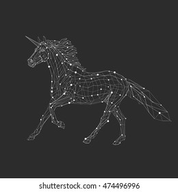 Vector illustration. Unicorn silhouette arranged network structure lines and dots; outline low poly geometric style on the dark background