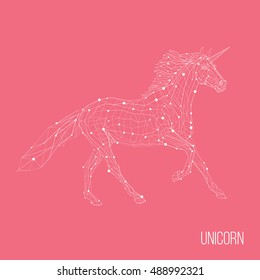 Vector illustration. Unicorn silhouette arranged network structure lines and dots; outline low poly geometric style on the pink background