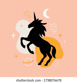 Vector illustration with unicorn silhouette, stars, moon, doodle elements and saturn planet. Trendy abstract print design, home decoration poster with magic animal