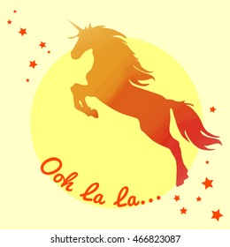 Vector illustration with unicorn silhouette and stars. Ooh la, la,la...Cartoon magic illustration