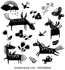 Vector illustration with unicorn silhouettes and flowers