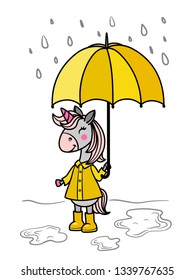 Vector illustration. Unicorn stands under an umbrella under raindrops.