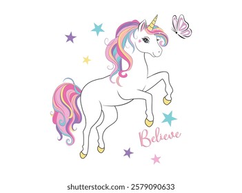 Vector illustration. unicorn and stars . Lovely T-shirt printing, Celebration templates, ads, branding, banner, cover, label, poster, sales