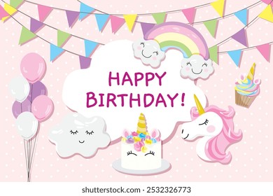 Vector illustration of unicorn theme happy birthday backdrop, banner