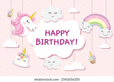 Ilustración vectorial de unicornio tema feliz cumpleaños telón de fondo, Anuncio