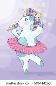 Vector illustration of a unicorn in a tutu with ice cream. Unicorn wizard in the pack in a cartoon style.