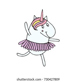 Vector illustration of unicorn. Typography poster. Illustration of unicorn ballerina in pink skirt. Sweet ballerina unicorn. Card for kid. Cute magic cartoon fantasy cute animal. Design for children