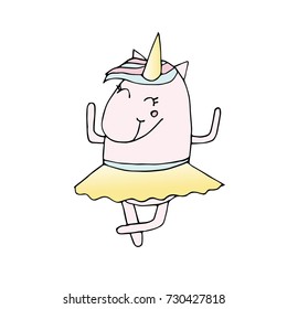 Vector illustration of unicorn. Typography poster. Illustration of unicorn ballerina in yellow skirt. Card for kid. Cute magic cartoon fantasy. Design for children