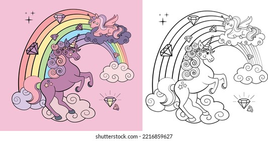 vector illustration with unicorns on clouds and diamonds, in delicate colors, coloring book for girls
