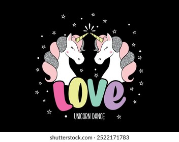 Vector illustration, unicorns and stars. Design for printing on shirt, poster, banner. White text on pink background. Lovely print for t-shirt
