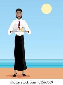 vector illustration of a uniformed female waitress carrying a tray of drinks on a sandy tropical beach in eps 10 format