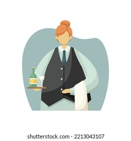 Vector illustration of a uniformed waiter with a tray in her hands and a towel. Profession.