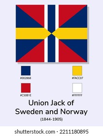 Vektorgrafik der Flagge der Union Jack von Schweden und Norwegen (1844-1905) einzeln auf hellblauem Hintergrund. So nah wie möglich am Original. einsatzbereit, einfach zu bearbeiten. 
