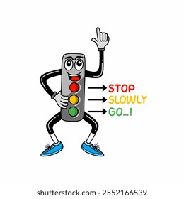 Vector illustration of unique cartoon character as traffic light, creatively depicting road safety with colorful signals: stop, slow down, and go. Perfect for educational purposes and safety campaigns