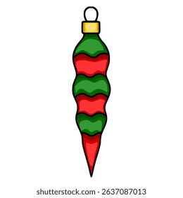 A vector illustration of a unique Christmas tree ornament, featuring a stylized wavy design in red and green, with a golden cap and a white loop, perfect for festive designs.