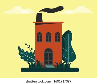 vector illustration of a unique european house with leaves around it