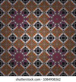 Vector illustration. Unique geometric bright swatch in blue, gray and orange colors. Abstract vector background with mandalas. Creative decoration for wallpaper, clothes, textile.