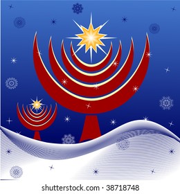 vector illustration of the unique Hanukkah Trees with star, snowflakes on blue background