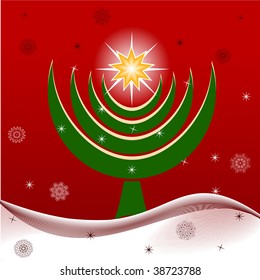vector illustration of the unique Hanukkah Trees with star, snowflakes on red background