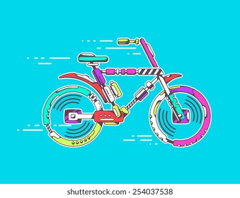Vector illustration of unique mountain bicycle moving fast on bright blue background leaving trace. Color line art design for web, site, advertising, banner, poster, board and print.