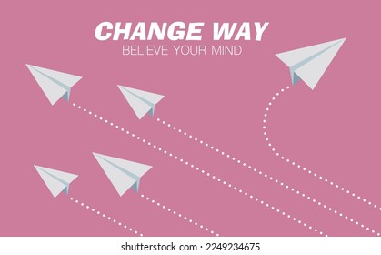 Vector illustration of a unique paper airplane flying out of a group of paper airplanes flying in the same direction.