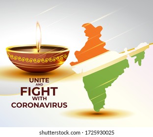 vector illustration for unite against global attack of deadly virus corona virus, illustration is showing India map & diya with Indian flag background