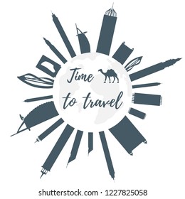 Vector illustration of United Arab Emirates skyscrapers silhouette and camel. Dubai buildings and symbols. Design for banner, poster or print.