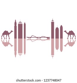 Vector illustration of United Arab Emirates skyscrapers silhouette and camel. Dubai buildings and symbols. Design for banner, poster or print.