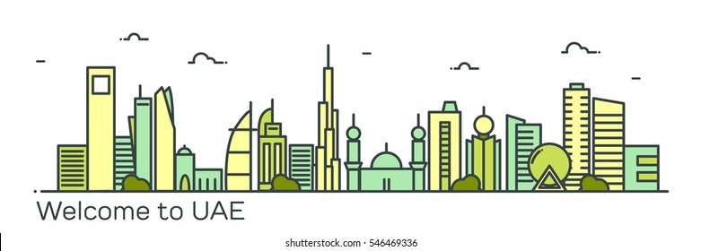 Vector illustration of the United Arab Emirates, the symbols of the city skyscrapers hotels, stylish graphics. 