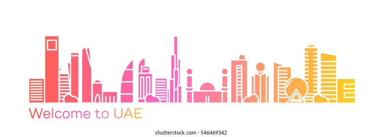 Vector illustration of the United Arab Emirates, the symbols of the city skyscrapers hotels, stylish graphics. 