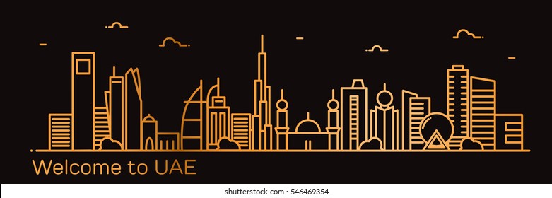 Vector illustration of the United Arab Emirates, the symbols of the city skyscrapers hotels, stylish graphics. 