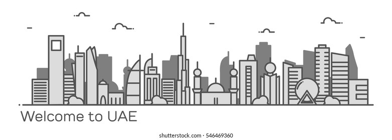 Vector illustration of the United Arab Emirates, the symbols of the city skyscrapers hotels, stylish graphics. 