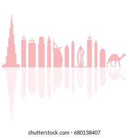 Vector illustration of United Arab Emirates skyscrapers silhouette and camel. Dubai buildings and symbols. Design for banner, poster or print.