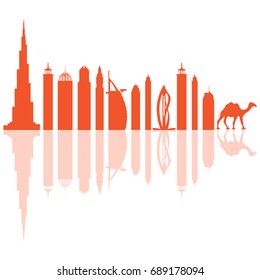 Vector illustration of United Arab Emirates skyscrapers silhouette and camel. Dubai buildings and symbols. Design for banner, poster or print.