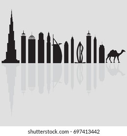 Vector illustration of United Arab Emirates skyscrapers silhouette and camel. Dubai buildings and symbols. Design for banner, poster or print.
