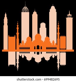 Vector illustration of United Arab Emirates skyscrapers silhouette. Dubai and Abu dhabi buildings. Design for banner, poster or print.