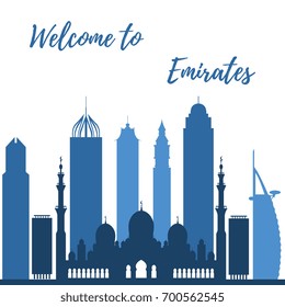 Vector illustration of United Arab Emirates skyscrapers silhouette. Dubai and Abu dhabi buildings. Design for banner, poster or print.