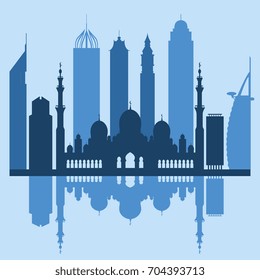 Vector illustration of United Arab Emirates skyscrapers silhouette. Dubai and Abu dhabi buildings. Design for banner, poster or print.