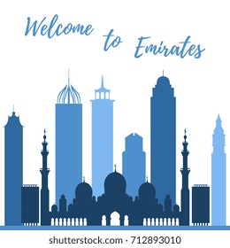 Vector illustration of United Arab Emirates skyscrapers silhouette. Dubai and Abu dhabi buildings. Design for banner, poster or print.