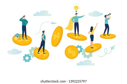 Vector illustration, Vector illustration, united business team is flying astride money on the way to the goal and success. target team