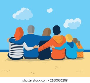 vector illustration of a united, forward-looking family holding each other by the waist. Parents, grandparents and children support each other and sit facing the sea
