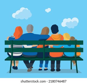 vector illustration of a united, forward-looking family holding each other by the waist. Parents, grandparents and children feed and sit on a bench
