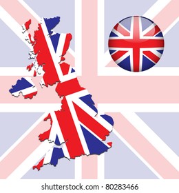 Vector illustration of United Kingdom flag on map and in glossy ball