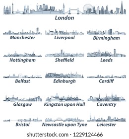 vector illustration of United Kingdom largest cities skylines in tints of blue color palette